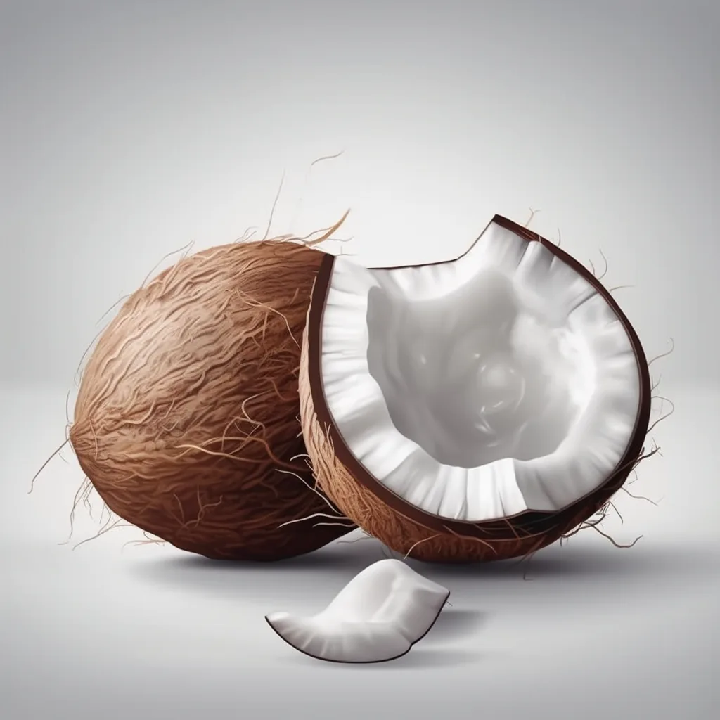 A halved coconut on white
