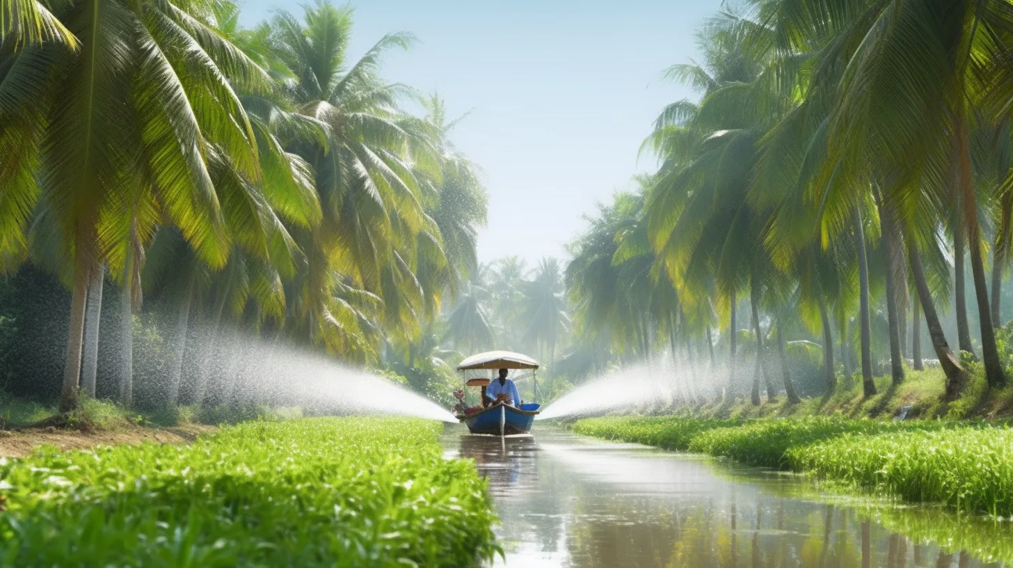 A boat on a river through a coconut grove