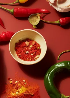 Red chilies, chili flakes and a bowl of chili paste