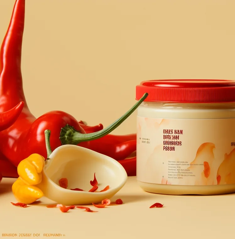 A jar of chili spread beside fresh red and yellow peppers