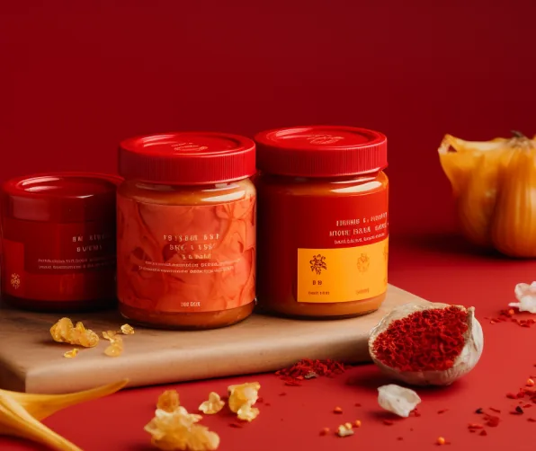 Jars of chili spread on a wooden board with garlic and chilies