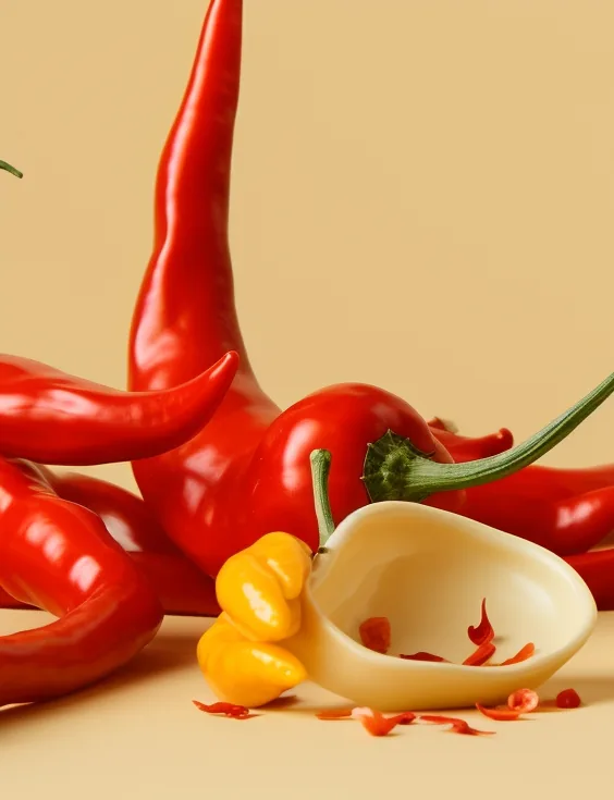 A red chili and a yellow pepper beside a bowl