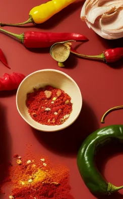 A bowl of chili flakes with fresh chilies and garlic