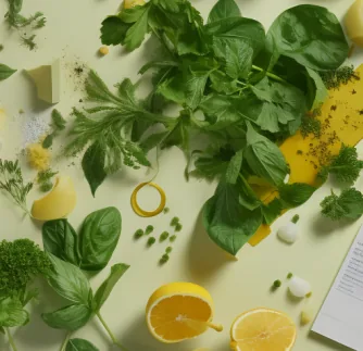 Basil, lemons and herbs laid out on a pale green table