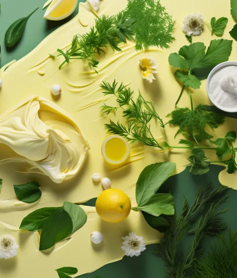 Herbs, lemons and yellow flowers on a light green table
