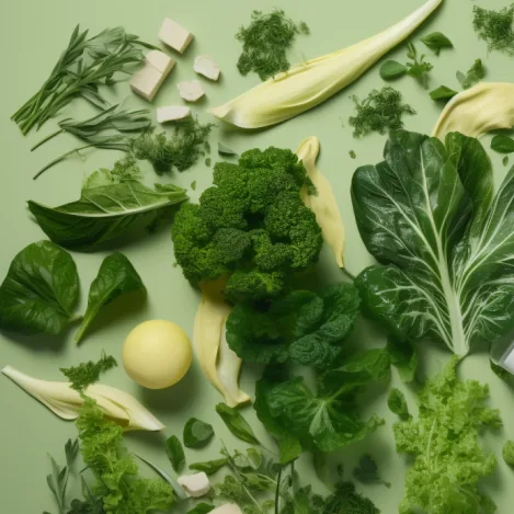 A flat lay of broccoli, herbs, lemon and greens