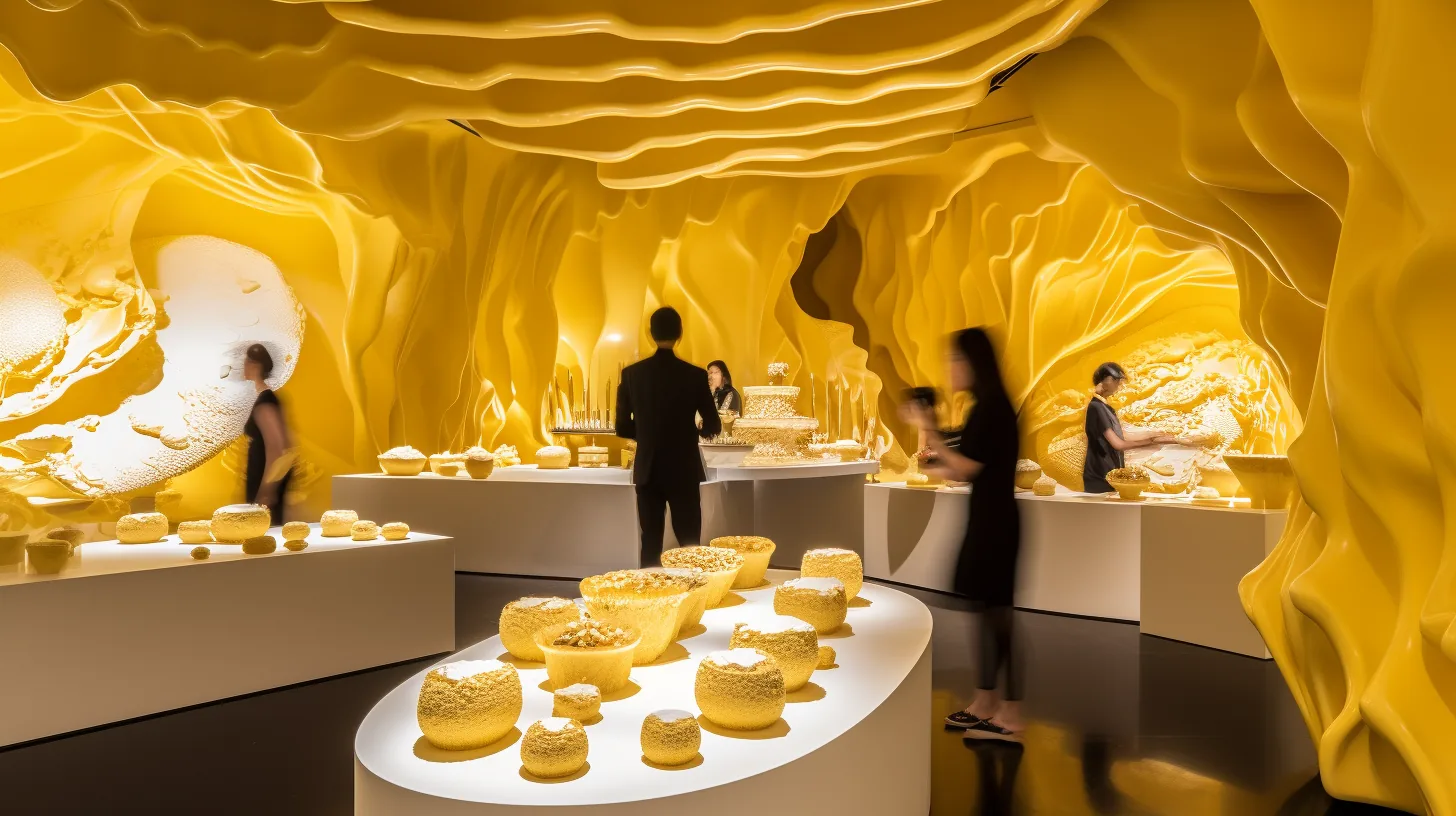 Guests exploring a golden, butter-sculpted tasting room