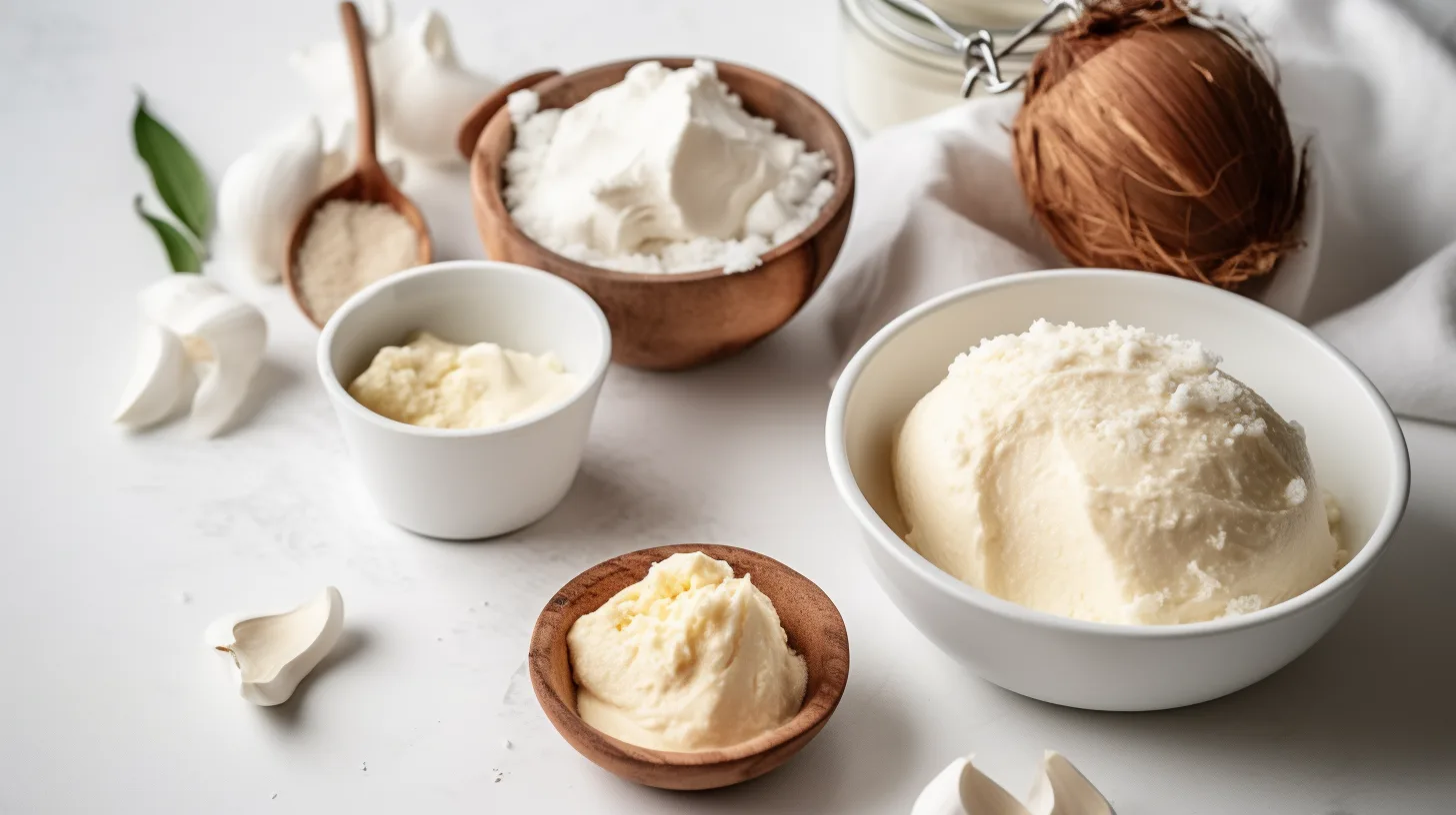 Bowls of whipped coconut butter and fresh coconut