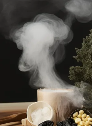 Wood smoke curling over a dark table
