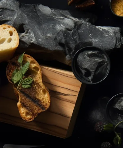 Bread and dark stones on a wooden board