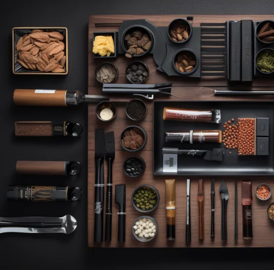 Spices, oils and grilling tools laid out on dark wood