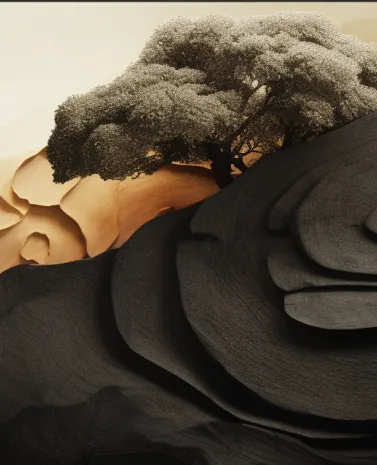 Smoky clouds above sculpted dark wood