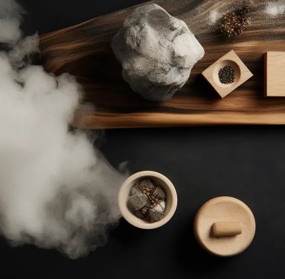 Smoke drifting across a dark table with small bowls of spices
