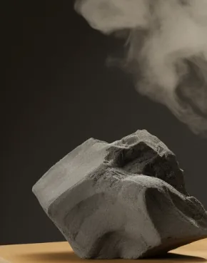 A dark stone with smoke rising behind it