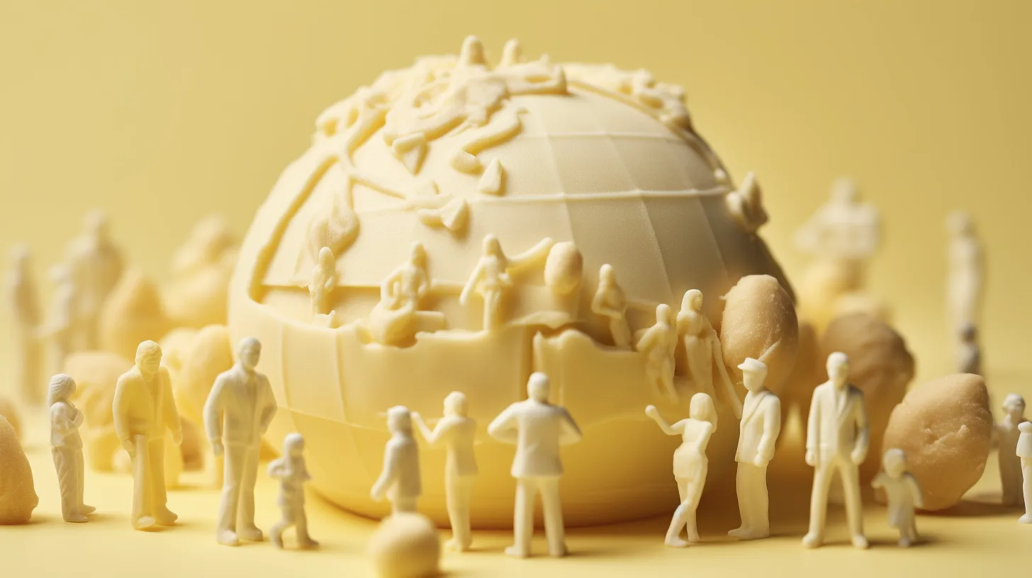 A globe sculpted from butter, surrounded by tiny figurines of people