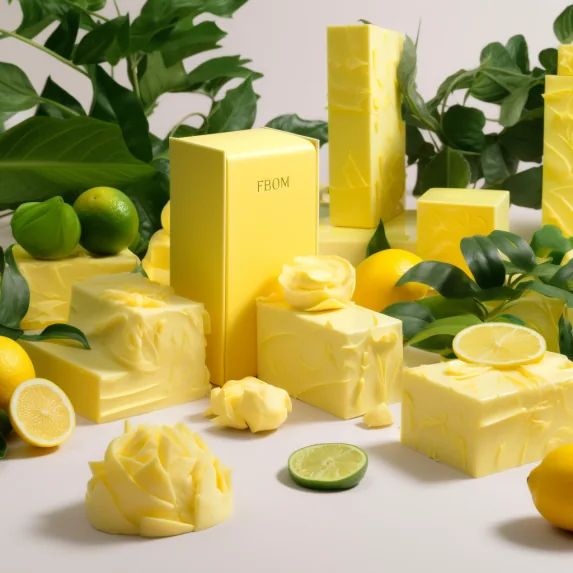 Blocks of citrus butter among lemons, limes and leaves