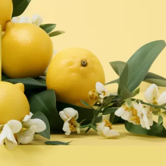 Halved lemons and leaves on a pale yellow table
