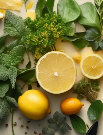 Lemons, herbs and yellow flowers