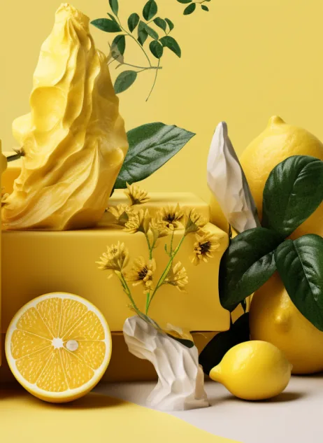 Whole and halved lemons with leaves