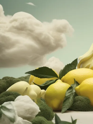 Lemons and greenery under soft white clouds